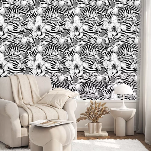 Tapete Monochrome Blumen vor dem Hintergrund von Zebrastreifenmuster