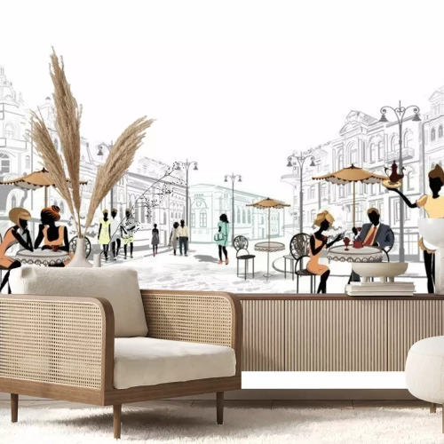 Fototapete Retro-Illustration einer Altstadt mit Menschen und Cafés