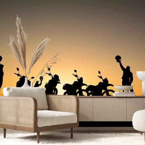 Sticker Motorradfahrer und Motorräder vor dem Hintergrund der untergehenden Sonne