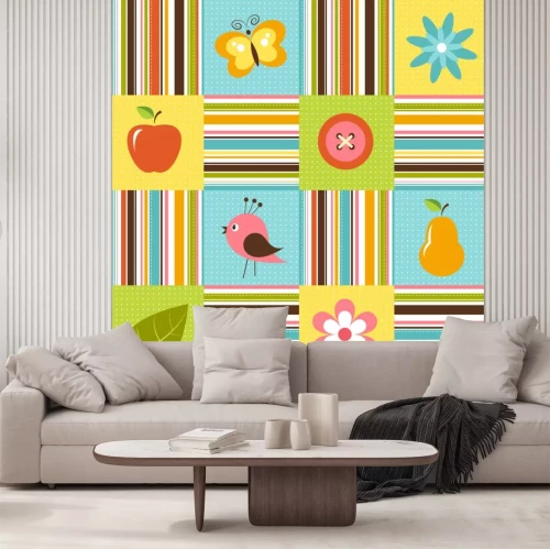 Sticker Patchwork-Hintergrund mit Blumen-, Vogel-, Birnen-und Apfel