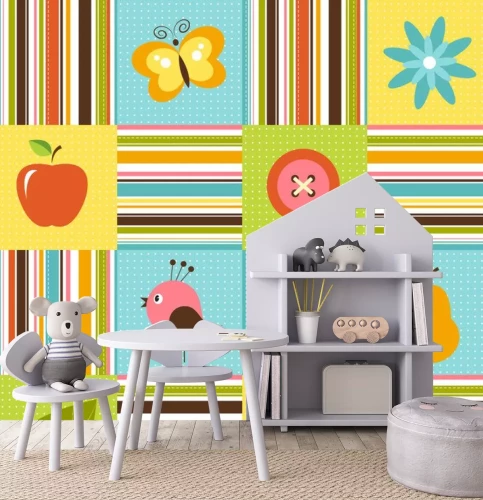 Sticker Patchwork-Hintergrund mit Blumen-, Vogel-, Birnen-und Apfel