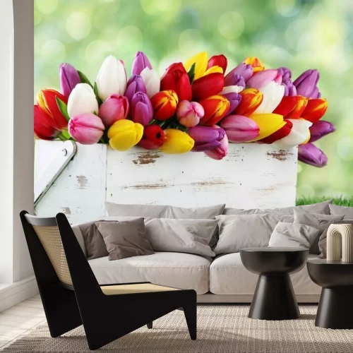 Sticker Ein Strauß Tulpen in einem Holzbehälter