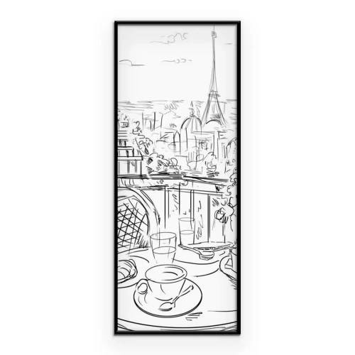 Poster Eine cartoonhafte Ansicht von Paris und dem Eiffelturm vom Balkon aus