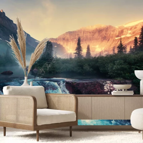 Fototapete Berge und kleiner Wasserfall