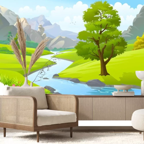 Sticker Fluss durch Berge und malerische grüne Felder fließt