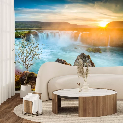 Fototapete 3D Wasserfall und Sonnenuntergang