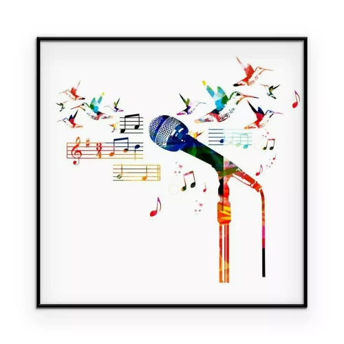 Poster Eine farbenfrohe Komposition mit einem Mikrofon und Noten