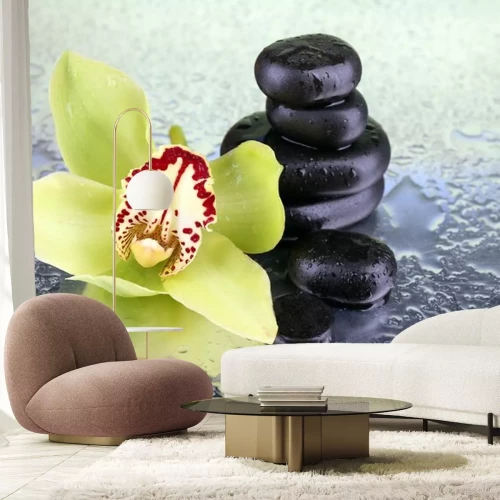 Sticker Gelbe tropische Orchidee Blume und Spa-Steine