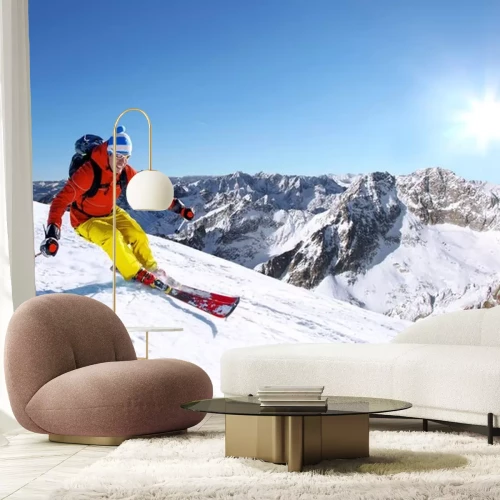 Sticker Skifahrer Ski-Abfahrt in den hohen Bergen gegen Sonnenuntergang