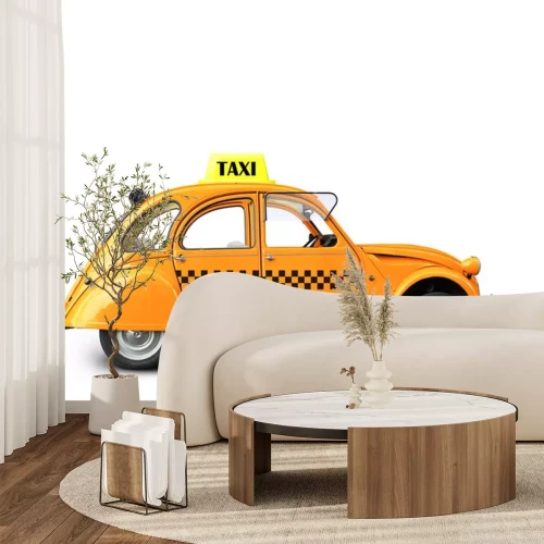 Sticker Orangefarbene Farbe des Taxis, Retroautos auf dem weißen Hintergrund