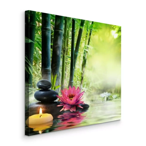 Bild Wellnesssteine Lotusblüte und Bambus in grünem Licht