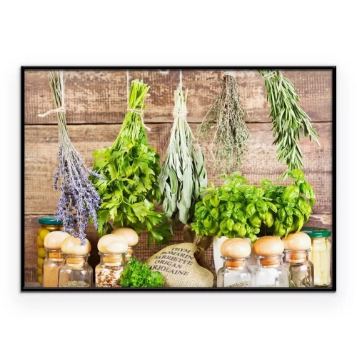 Poster Kräuterbündel hängen an einer Schnur an einer Holzwand