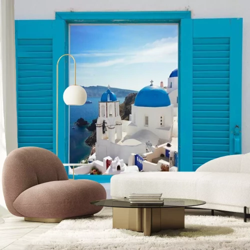 Fototapete Window with view of caldera  and church, Santorini