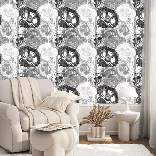 Tapete Schwarz-weiße grafische Mohnblumen