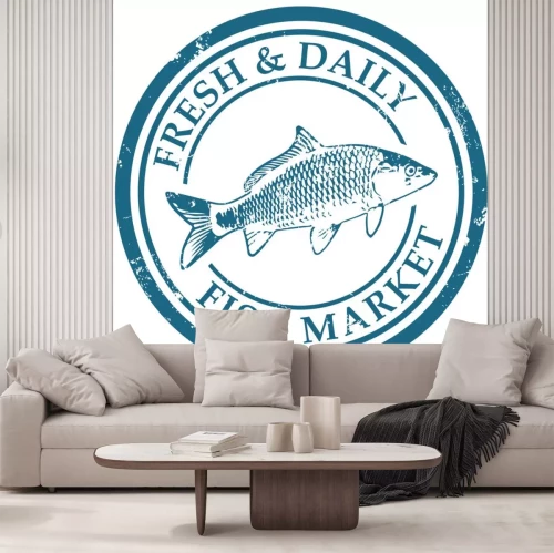 Sticker Fischzeichen in einem Kreis und blaue Beschriftung