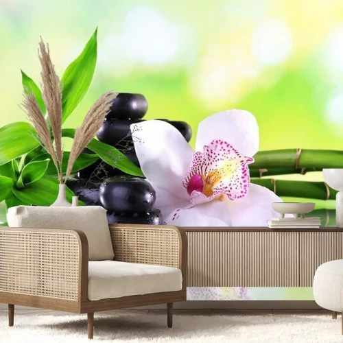 Fototapete Orchidee in einer Komposition mit Steinen und Bambus