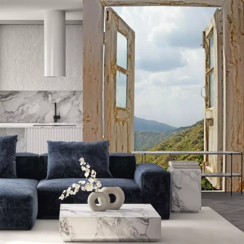 Fototapete Blick auf Berge und bewölkten Himmel aus dem Fenster