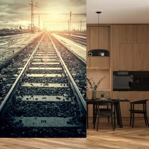 Fototapete Gleise ohne Züge in Sonnenstrahlen