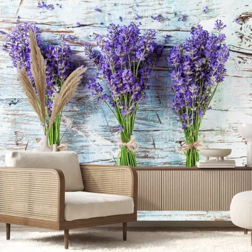 Fototapete Frischem Lavendel auf Holz