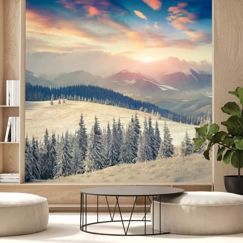 Fototapete Winterliche Berge bei Sonnenuntergang