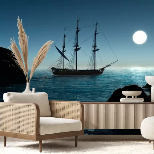 Fototapete Ein Piratensegelboot auf See bei Nacht