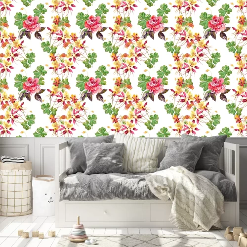 Tapete Blumenmotiv mit Rosen und Blättern