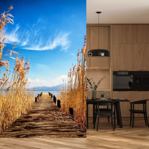 Fototapete Brücke zwischen hohen Schilfrohren