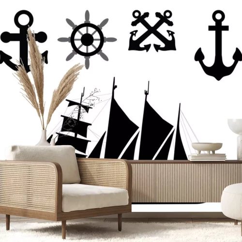 Sticker Vektor-Illustration der Anker, Ruder und Segelboot