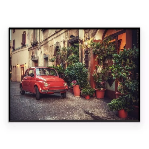 Poster Rotes Retroauto in italienischer Landschaft