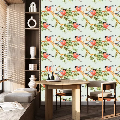 Tapete Vögel auf einem Tannenzweig