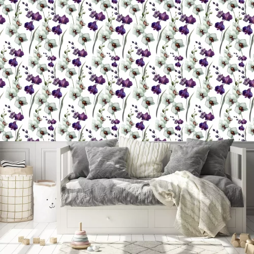 Tapete Weiße und violette Orchideenblüten im Aquarellstil