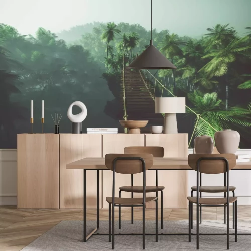 Fototapete Rope bridge in misty jungle with palms. Backlit.