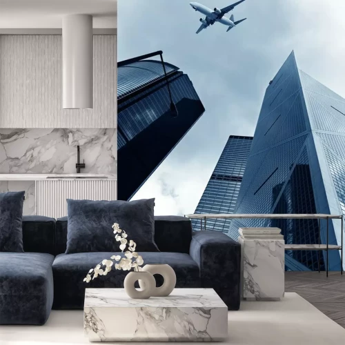 Fototapete Hongkongs Wolkenkratzern und Flugzeuge am Himmel