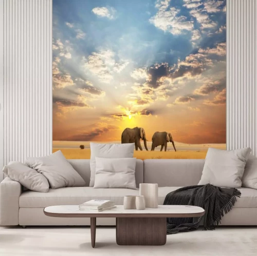 Fototapete Elefanten auf der afrikanischen Savanne bei Sonnenuntergang