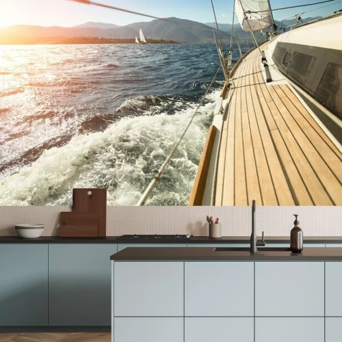 Fototapete Blick vom Deck einer Yacht auf Meer und Sonne