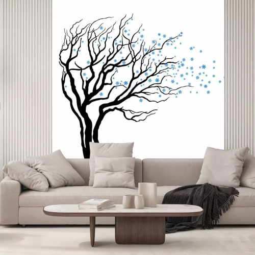 Sticker Baum mit Blättern voll von Schneeflocken in Wind