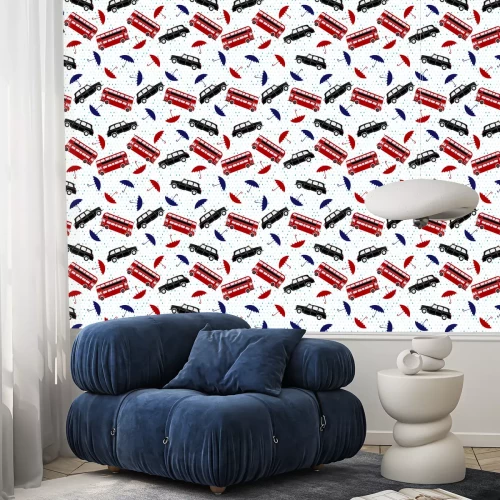 Tapete Nahtloser Hintergrund mit Doppeldecker-Busse, Taxi und Sonnenschirme un