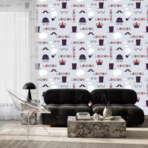 Tapete London Muster mit Hüten und Schnurr
