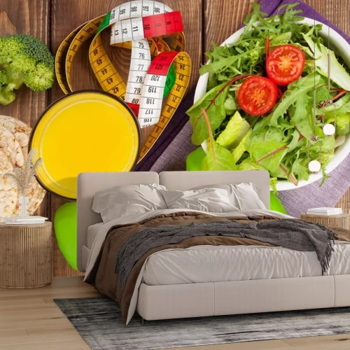 Sticker Kurzhanteln, Maßband und gesundes Essen. Fitness und Gesundheit