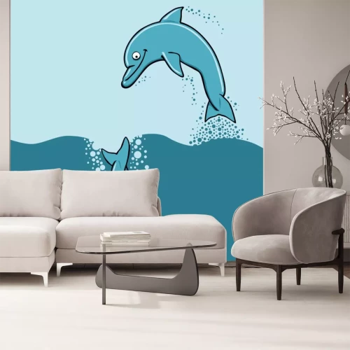 Sticker Delfine inmitten der Wellen auf einer blauen Grafik