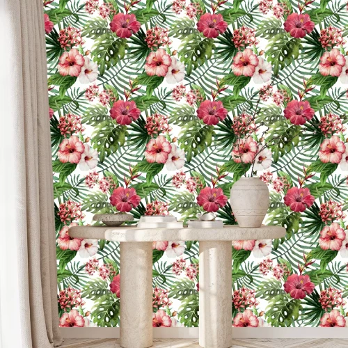 Tapete Muster Orchidee Hibiskus Blätter Aquarell Tropen