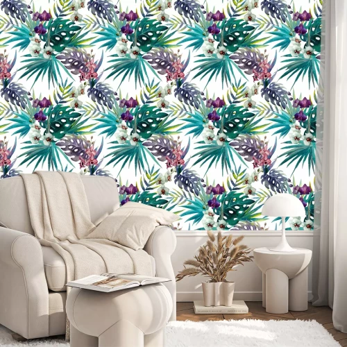 Tapete Muster Orchidee Hibiskus Blätter Aquarell Tropen