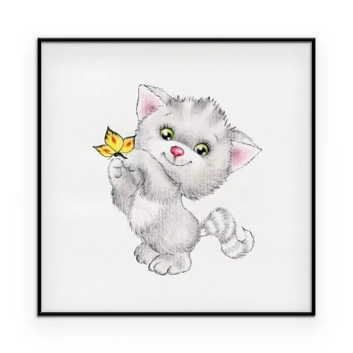 Poster Eine graue Katze und ein gelber Schmetterling im Stil einer Kinderzeichnung