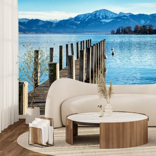 Fototapete Steg am See und Berge