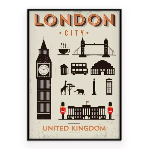 Poster Big Ben und andere Londoner Sehenswürdigkeiten im Cartoon-Stil