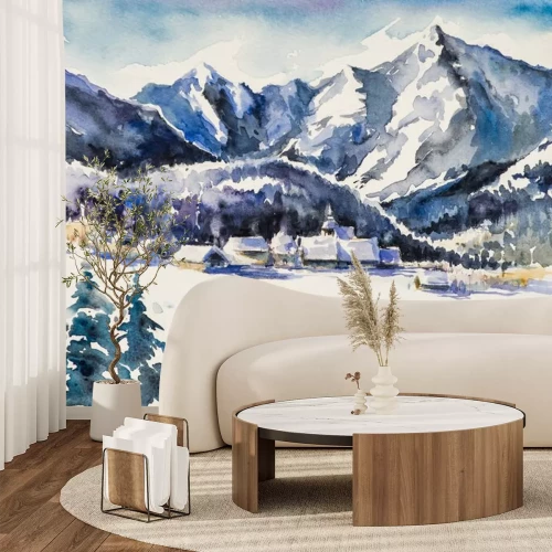 Sticker Winterlandschaft - Dorf mit snow.Watercolors bedeckt.