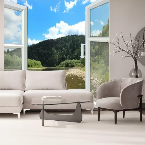 Fototapete Ein Fenster mit Blick auf Berge und einen Fluss