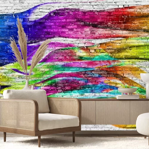 Fototapete Bunte Wellen auf einer Backsteinmauer