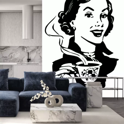 Sticker Frau hält eine Tasse Kaffee Retro-Grafik