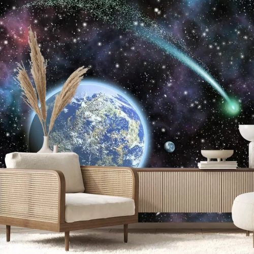 Fototapete Komet zieht über Erde und Mond